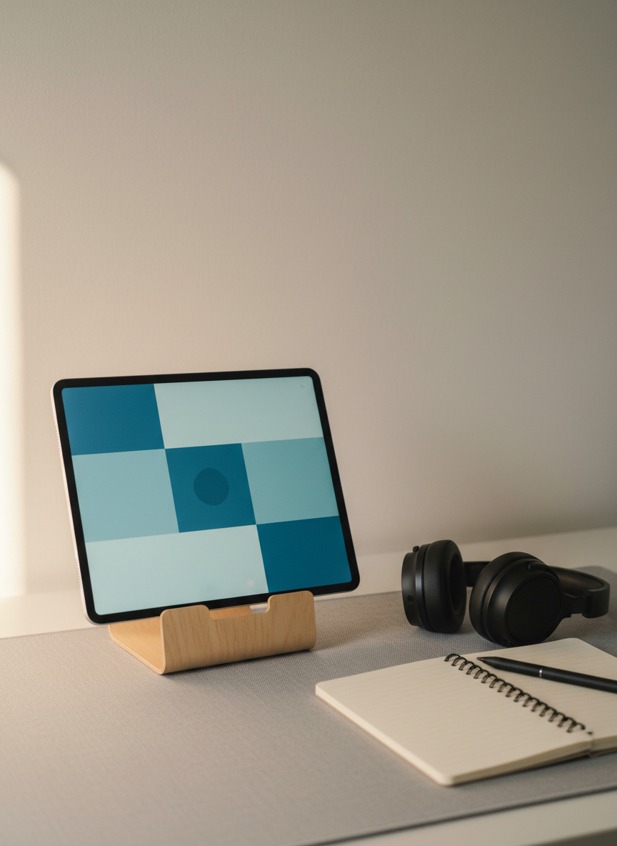 A minimalist home workspace featuring a tablet propped upright on a simple birch wood stand, its glass screen glowing softly with an abstracted video chat interface of muted blue and teal panels, free of identifiable text or faces. The tablet rests beside a pair of over-ear headphones and a spiral-bound journal on a pale gray fabric desktop mat. Soft afternoon light filters in from the left, creating subtle highlights on the tablet’s metal edges and a gentle gradient across the wall. The composition is shot from a slightly elevated angle in photographic realism, with balanced negative space and a serene, professional atmosphere that suggests privacy, comfort, and readiness for online mental health care.