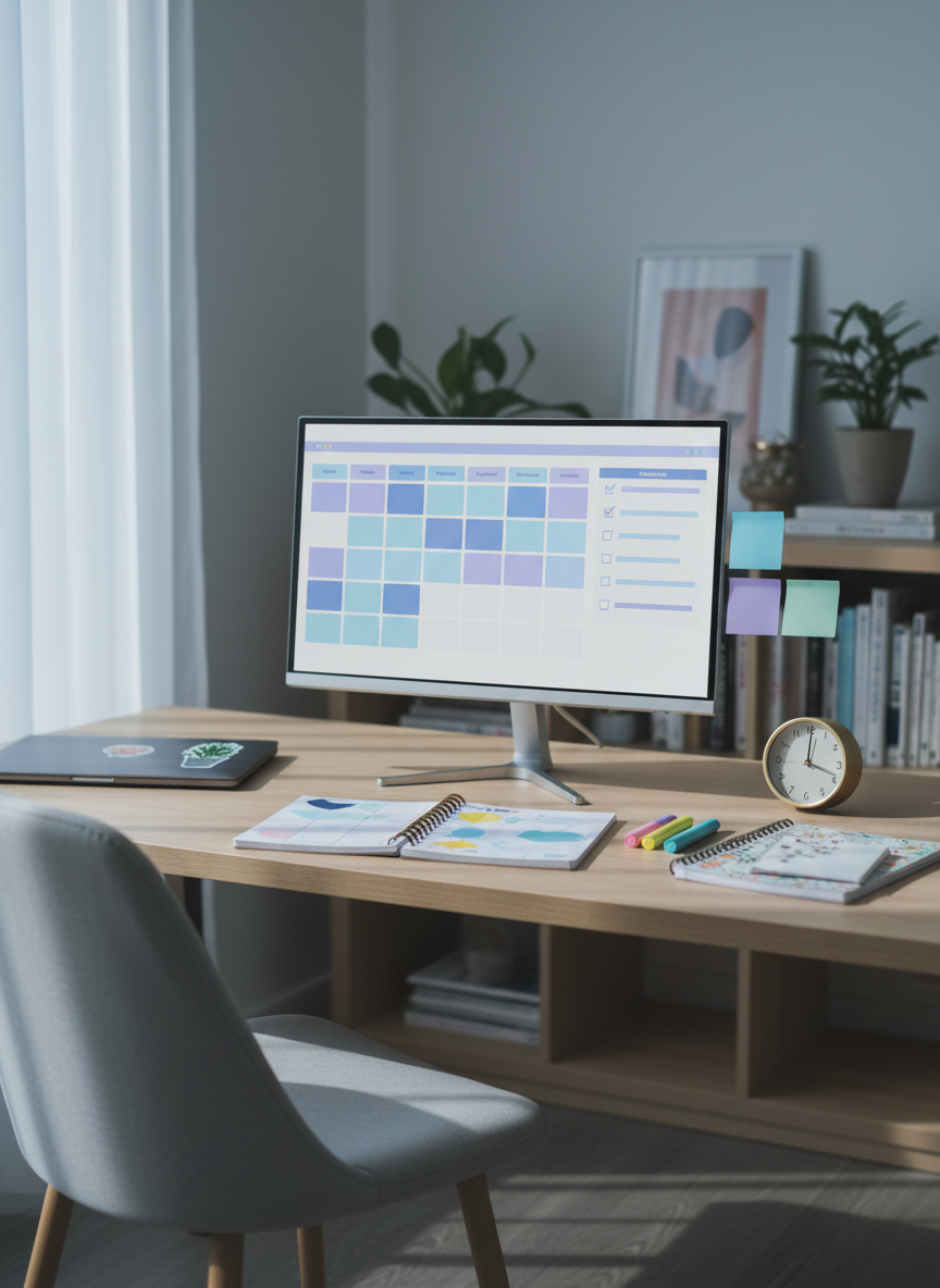 An organized study nook with a slim monitor on a light wood desk displaying a stylized calendar and checklist in soft pastel blues and purples, symbolizing scheduled telehealth therapy sessions without readable text. Beside the monitor, color-coded sticky notes, a small analog clock, and a neatly arranged set of highlighters and notebooks suggest a teen balancing schoolwork and mental health care. Cool, indirect daylight floods in from an off-frame window, creating a bright yet gentle atmosphere. Photographic realism with a wide, eye-level composition keeps most elements in clear focus, emphasizing structure and routine. The overall mood is calm, productive, and supportive, illustrating how telehealth appointments can fit into everyday life in an organized, low-stress way.