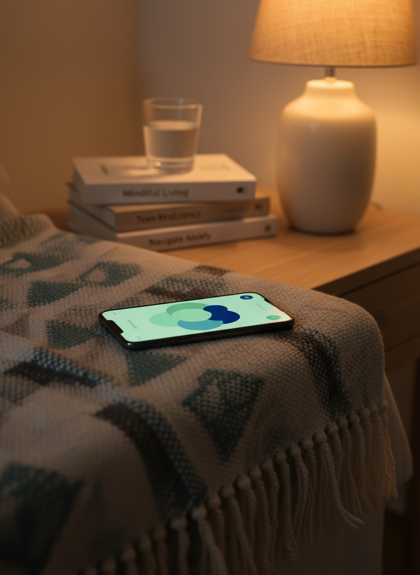 A close-up of a smartphone resting on a folded, patterned throw blanket atop a light oak bedside table, the phone’s screen illuminated with a simplified telehealth app interface composed of calming green and blue shapes, with no legible details. A ceramic table lamp with a linen shade casts warm, diffused evening light, creating a cozy pool of illumination around the phone and subtle shadows in the knitted texture of the blanket. In the softly blurred background, a tidy stack of self-care books and a glass of water suggest a nighttime routine. Captured in photographic realism at a low, intimate angle with shallow depth of field, the mood feels safe, private, and reassuring for teens accessing mental health support from home.